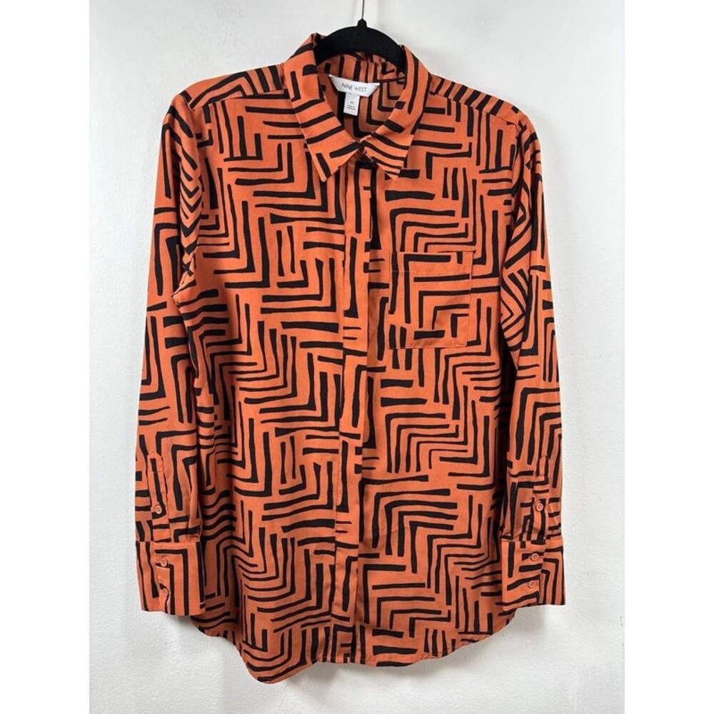Nine West Women's M Orange Black Geometric Print Button Down Long Sleeve Blouse